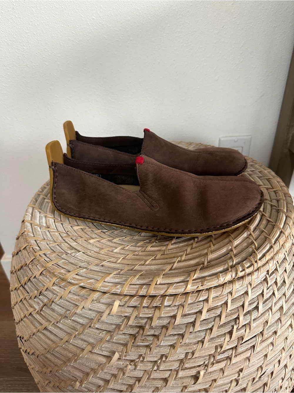 Vivo Barefoot Brown Suede Slip-On Loafers with Red Heel Tab